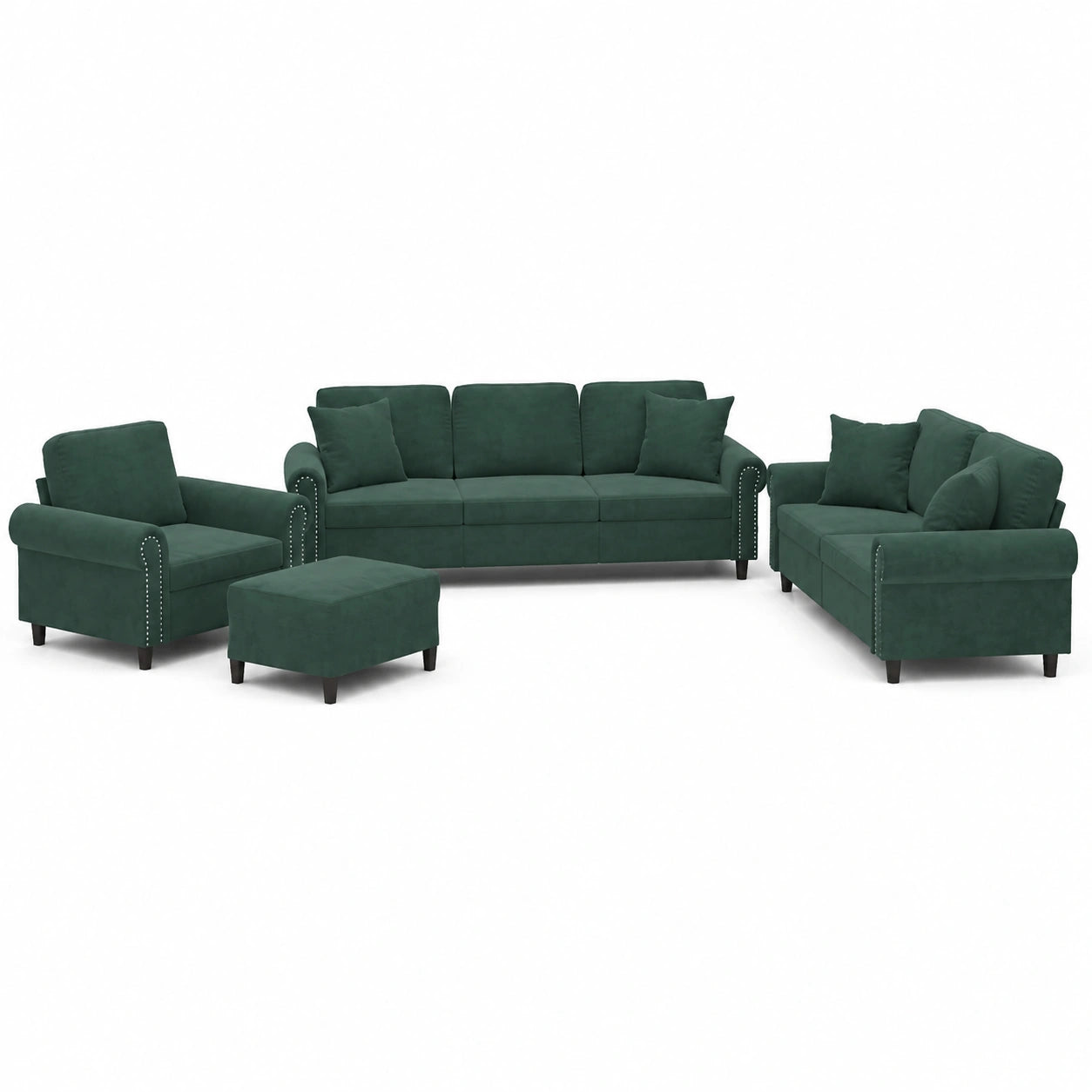 Conjunto de Sofás de Terciopelo Verde Oscuro con Cojines para Salón