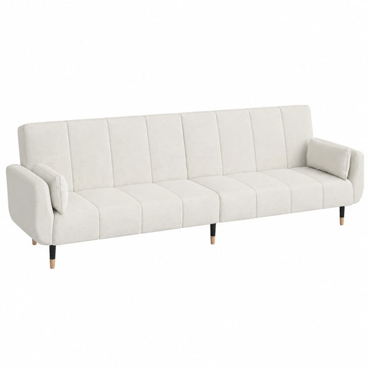 Sofá cama de 2 plazas en terciopelo crema con respaldo ajustable y cojines, diseño moderno para salón