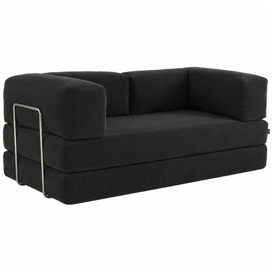 Sofá Cama 3 Plazas Antracita con Futón Plegable de Pana y Estructura Cromada, 200x100x72 cm