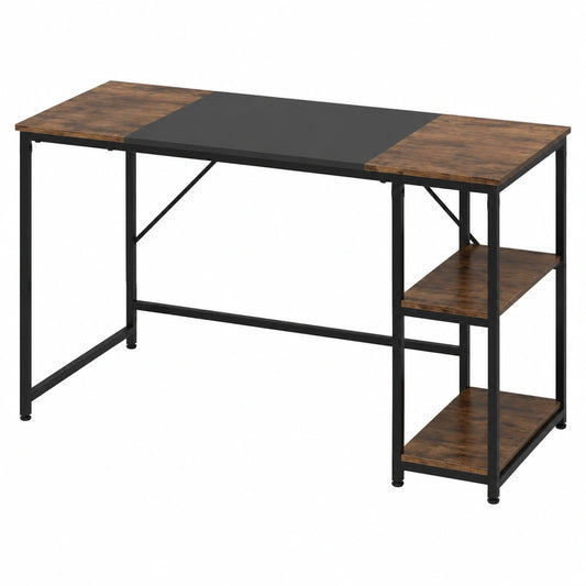 Mesa de Trabajo Amplia de Madera y Metal 120 cm, Estantes Duales, Altura Ajustable, Diseño Retro en Marrón y Negro